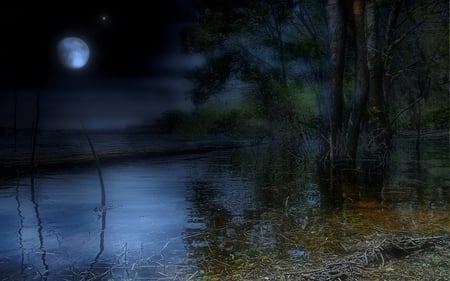 Moon Lake - moon, night, lake