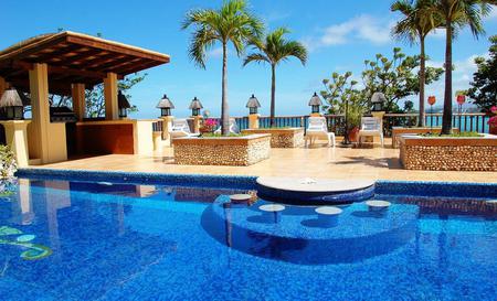 Pool - abstract, trees, pool, chairs, lantern, sky