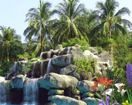 Waterfall - nature, sky, trees, flowers, waterfall