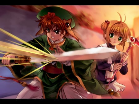 Kinomoto Sakura and Li Shaoran - li, baton, sakura, anime, card captor sakura, sword, li shaoran, cute