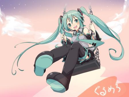 Hatsune Miku - swings, vocaloids, hatsune miku, sky, clouds, anime, twintail, cute