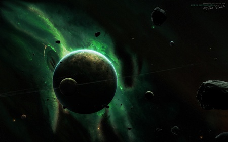 aurea medicaritas - destruction, green, space, black, planet