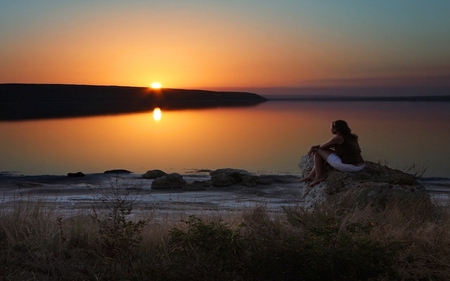 Alone - beach, beautiful, girl, alone, sea, grass, sunset, nature, sad, woman, lake, peaceful, sky, rocks