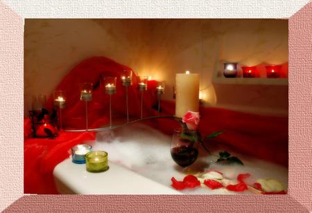 Romantic weekend - glass, rose, beautiful, wineglass, candles, tub, fire, fantasy, bath, red, dreamy, glow, water, bubbles, petals, roses, wine, romantic