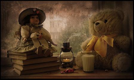 Tender memories - milk, raindrops, window, books, doll, fire, dew, ribbon, nice, hat, beatiful, childhood, teddybear, candle, latern, smoke, candy, glass