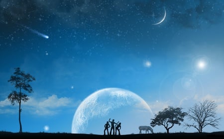 Beautiful World - moon, sky, stars, clouds, blue, beautiful, worls