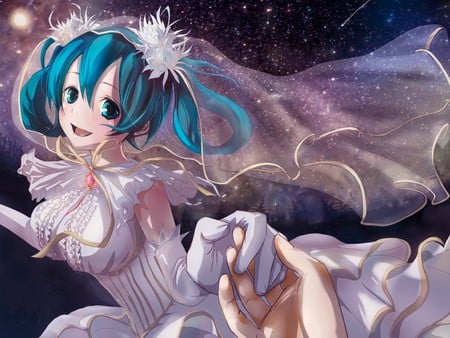 Hatsune Miku - anime, twintail, dress, cute, hatsune miku, stars, wedding dress, vocaloids