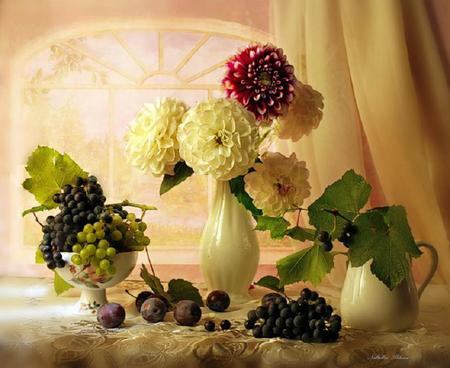 Timeless - vase, yellow, window, still life, leaves, flowers, curtain, grapes, bowl, cup