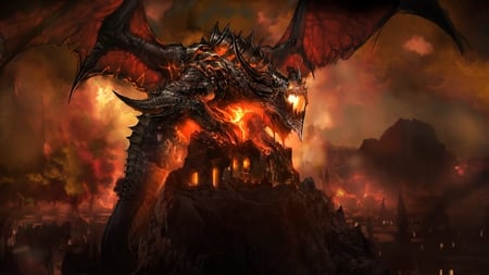 Cataclysm Deathwing - deathwing, city, cool, dark, fantasy, dragon, fire, red, wings, cataclysm, world of warcraft, warcraft