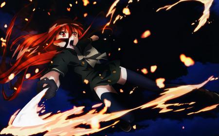 Shakugan no Shana - woman, girl, female, hair, eyes, fire, no, dark, red, blue, anime, weapon, sword, shana, shakugan