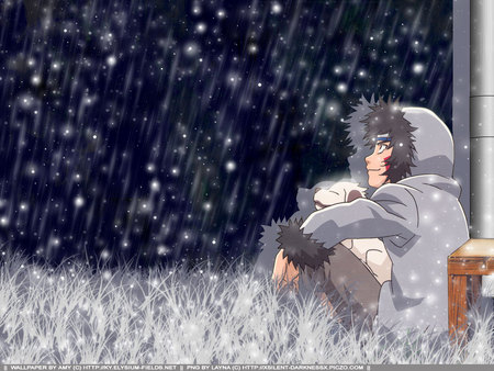 Akamaru and Kiba - akamaru, anime, grass, night, stars, kiba