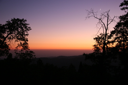 The moon is hanging in a purple sky