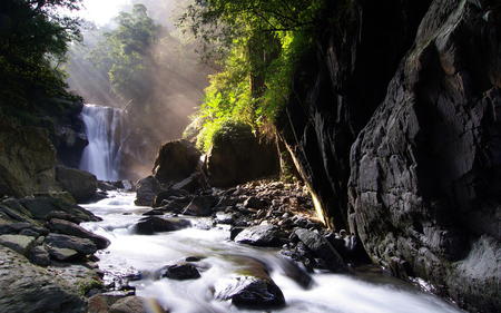 mountain with waterfall - sky, trees, mountain, stream, waterfalls, rocks, creek, nature, river