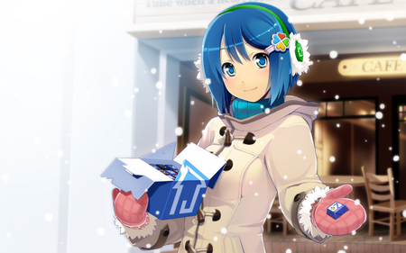 Anime - anime, headphones, blue, snow