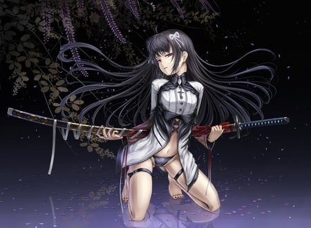 Female Swordman - anime, katana, black hair, girl, sword, weapon, long hair, sexy