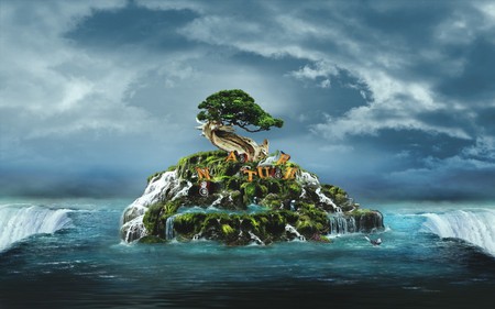 SMALL ISLAND - sky, clouds, island, waterfalls, tree, small