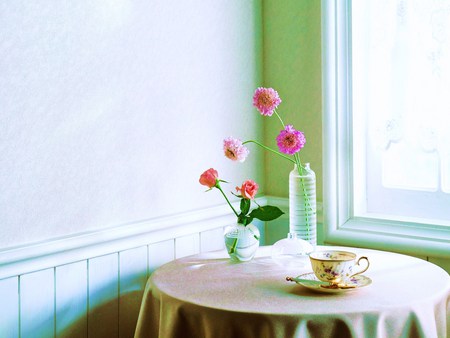 My morning corner - curtain, flowers, vase, corner, quiet, window, table, cup