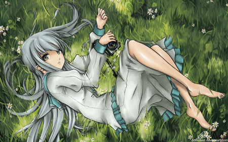 relaxing on the grass - anime, female, dress, girl, grass, white, green, cute, sexy