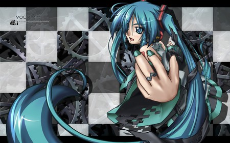 Hatsune Miku - white, checkered, cute, black, vocaloids, anime, twintail, hatsune miku