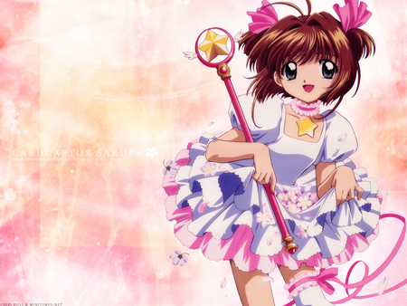 Kinomoto Sakura - wand, star, sakura, dress, pink, star wand, card captor sakura, kinomoto sakura, ribbons