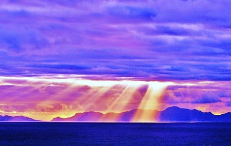 Sun wave - rays, sky, sunset, wave, blue mountains