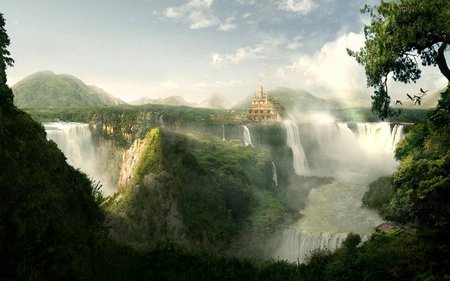 CASTLE AT THE GREAT WATERFALL - clouds, waterfalls, mountains, tree, castle, sky