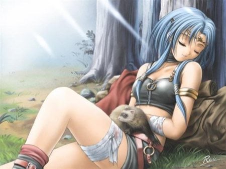 Warrior Rest - sleeping, sexy, hot, girl, long hair, pet, anime girl, nature girl, sleep, anime, tree, cute, cant think of a fourth