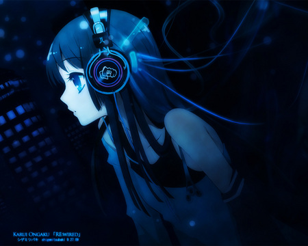 Deep blue - love, girl, music, long hair, listening, headphones, blue, anime, manga