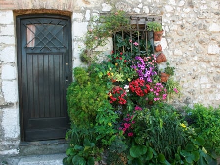 St Paul de Vence - village, flowers, door