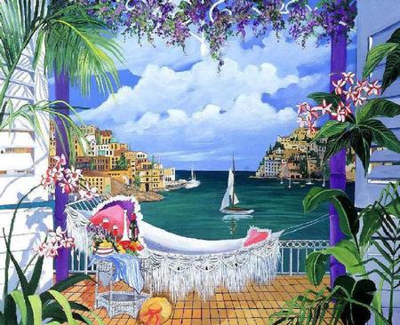 A beautiful day out - hat, clouds, hammock, table, sail, flowers, boats, wine, sailing, painting, palm trees, plants, balcony, glass