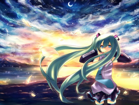 Hatsune Miku - pretty, cute, vocaloids, anime, sun, stars, twintail, moon, sunset, colorful, hatsune miku