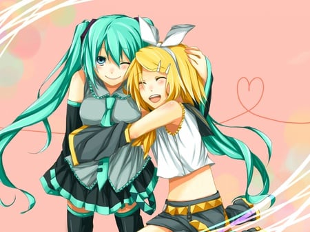 Hatsune Miku and Kagamine Rin - cute, vocaloids, kagamine rin, anime, twintail, blushing, heart, hug, hatsune miku