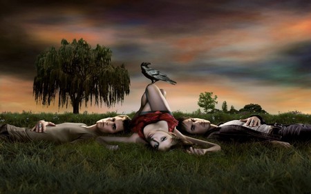 VAMPIRE DIARIES - vampire, males, female, grass, tree