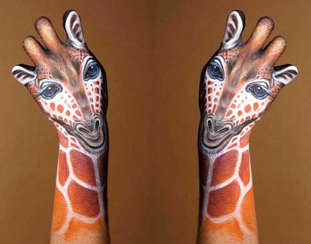 giraffes - painted, giraffes, animals, hands