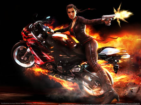 Wheelgirl - the wheelman, gun, stunt, girl, bike, fighting, video game, fire, adventure, action, shooting