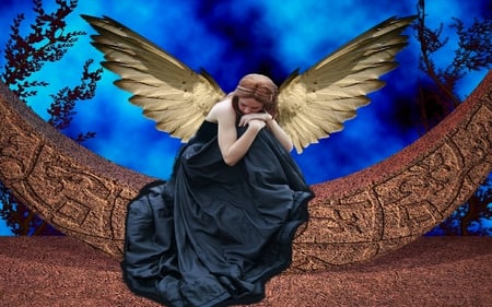 ANGEL PRAYERS - blue dress, angel, sitting, wings