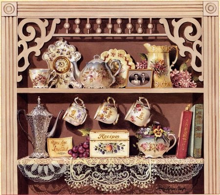 Country charm - roses, cups, hutch, clock, books, faith, flowers, hope, lattice, nice, doiley, recipes box, lace, tea, love, grapes, kettel