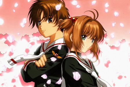 Kinomoto Sakura and Li Shaoran - kinomoto, sakura, petals, school uniform, li, cute, card captor sakura, shaoran, li shaoran, kinomoto sakura, lovers