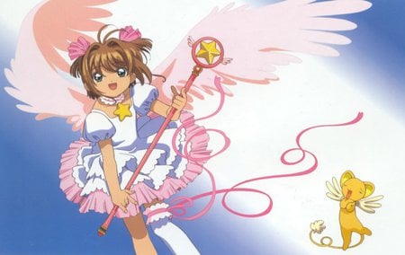 Kinomoto Sakura and Kerberos - wand, star, kinomoto, sakura, dress, angel, kerberos, star wand, wings, kero, cute, card captor sakura, kinomoto sakura