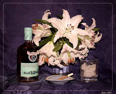 Old hollywood style - vase, bottle, lillies, saucer, flowers, liquor, ice, lilly, cigarette, glass