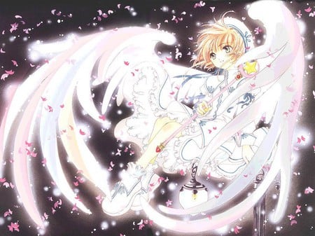 Kinomoto Sakura - pretty, wand, star, sakura, dress, angel, petals, star wand, wings, cute, card captor sakura, kinomoto sakura