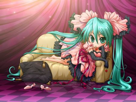 Hatsune Miku - anime, twintail, cute, hatsune miku, petals, vocaloids, sexy, checkered