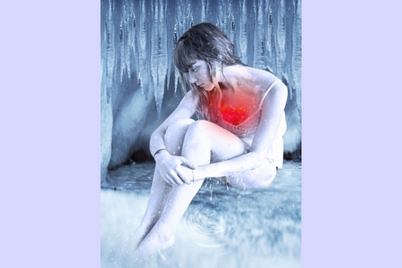 Sad girl - abstract, red heart, heart, people, blue, girl, love, ice, sad, woman, 3d, melting