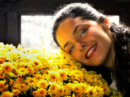 Beautiful face - people, eyes, yellow flowers, bianca rinaldi, flowers, face, nice, brunette, other, blue eyes, lonhg hair, beautiful, girl, beauty, sweet, flower, lips, woman, cute