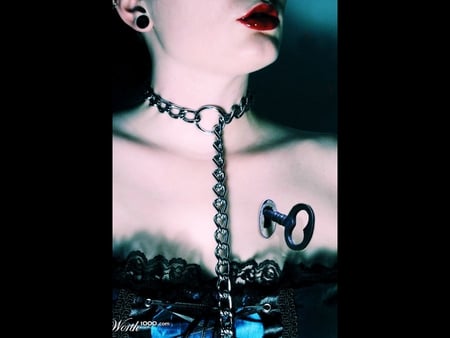 Sad - girl, key, lips, sad, red lips, black, abstract, beautiful, 3d, blue