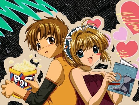 Kinomoto Sakura and Li Shaoran - blushing, sakura, book, popcorn, li, cute, card captor sakura, shaoran, li shaoran, hearts, kinomoto sakura, lovers