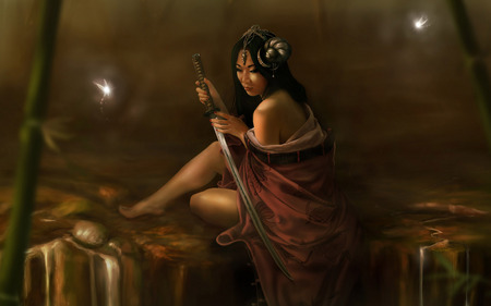 LELA AND THE FIREFLIES - female, fireflies, oriental, sword, fairy, fantasy