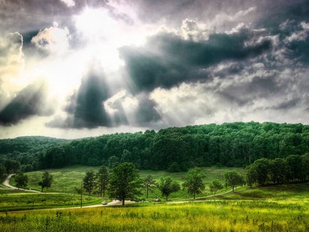 Beautiful sky - sky, sunshine, trees, dark, clouds, light, beautiful, green