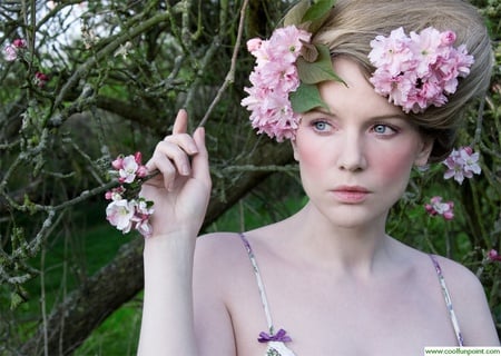 spring - woman, girl, pink, beautiful, party, tree, flower, blonde