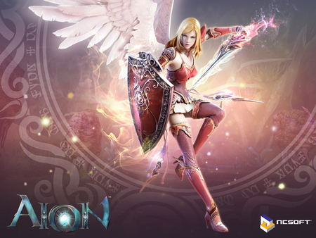 ALPHA GIRL - anime, warrior, wing, videogame, blonde, red, action, adventure, abstract, beautiful, girl, sword, pc, hair, aion, knight, fantasy